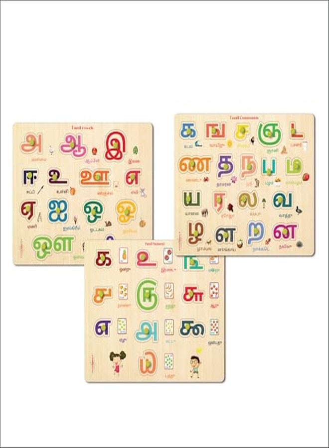 Khilonewale Set of 3 Tamil Wooden Knob Puzzles for Kids (9×12 in) - Early Tamil Alphabet & Object Learning Boards - Montessori Educational Wooden Toys for Toddlers 3+ Years - Image 1